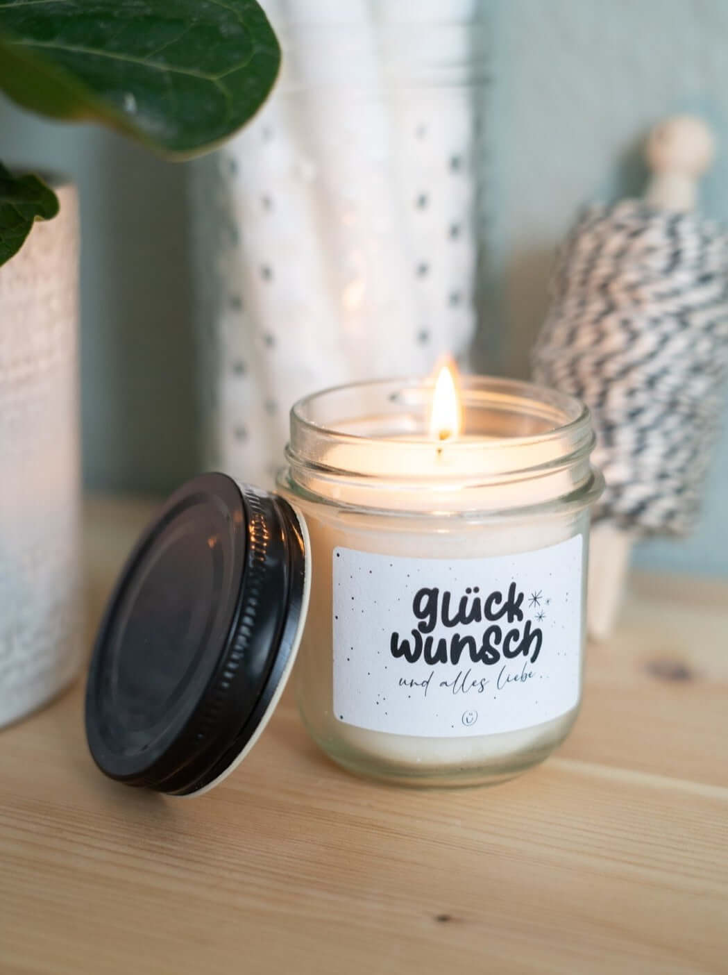 Kerze im Glas mit Spruch oder Motiv Glückwunsch in schwarz weiss