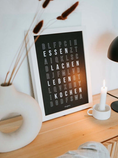 Poster mit Spruch oder Motiv Buchstabensalat in schwarz weiss