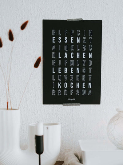 Poster mit Spruch oder Motiv Buchstabensalat in schwarz weiss
