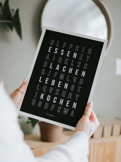 Poster mit Spruch oder Motiv Buchstabensalat in schwarz weiss