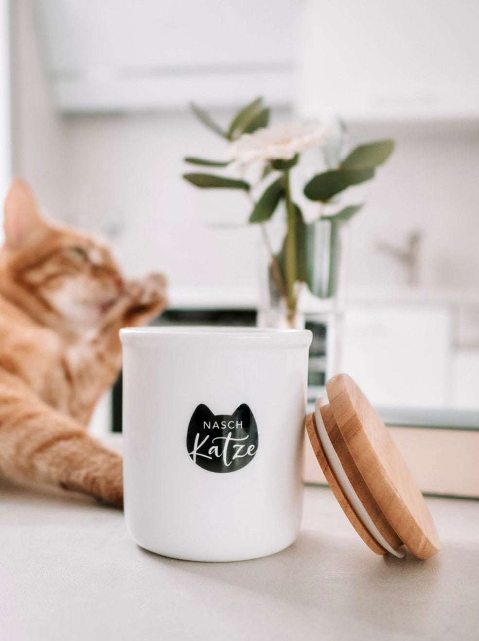 Keramikdose als Vorratsdose mit Spruch oder Motiv Naschkatze in schwarz weiss